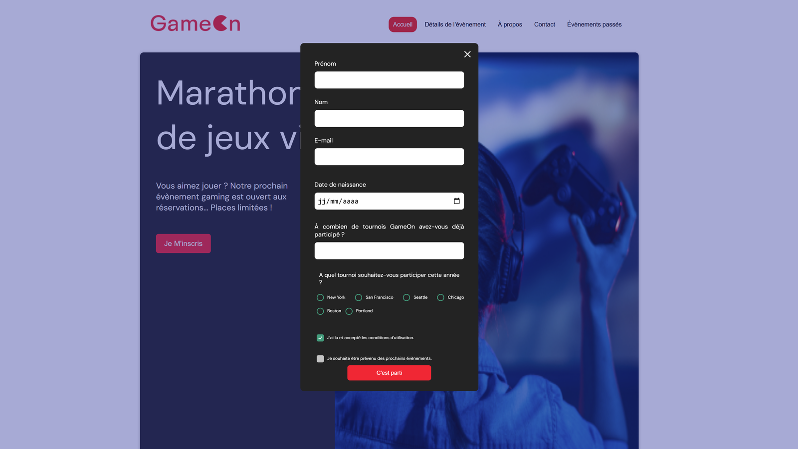 Capture d'écran du site GameOn